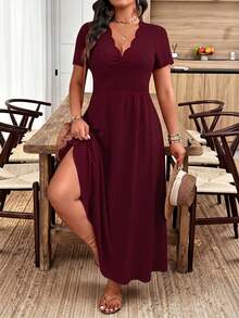 SHEIN Holidaya Đầm dài công sở thời trang cổ lượn sóng dành cho nữ cỡ lớn - Màu Đỏ Sâu - Xem 6