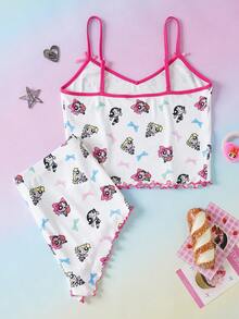THE POWERPUFF GIRLS X SHEIN 女士蝴蝶结印花吊带背心和短裤睡衣套装 - 白色 - 查看 2