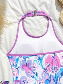 SHEIN 少女碎花吊带连体泳衣，适合海滩度假、泳池派对、沙滩派对 - 紫色 - 查看 3