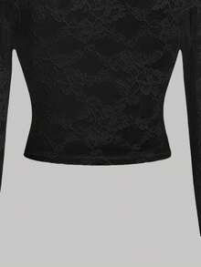 Tween Girl Elegant Lace Sheer Long Sleeve Black Fitted Blouse - Black - View 6