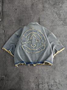 AXEPEAK Men's Fashion Embroidered Button Casual Denim Jacket - Blue - View 3