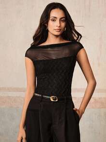 Anewsta Blusa de mujer de verano nueva con parches de malla y tejido de punto, conjunto sexy y elegante - Negro - Ver 4