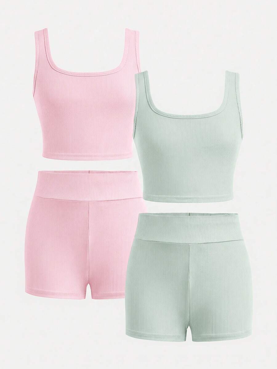 SHEIN Girlism 2pcs/Set Tween Girls' Fitted Casual Round Neck Tank Top And Bike Shorts, 2 Colors - Multicolor - View 1