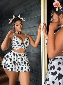 Fantasy Costume Fantasy Costume Plus Size Women's Sexy Cow Print Bell Bow Triangle Bra & Mini Skirt 4-Piece Lingerie Set - Black and White - View 3