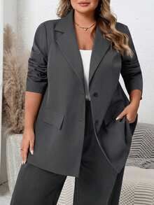 SHEIN CURVE+ Blazer de negocios casuales de unicolor talla grande - Gris Oscuro - Ver 7