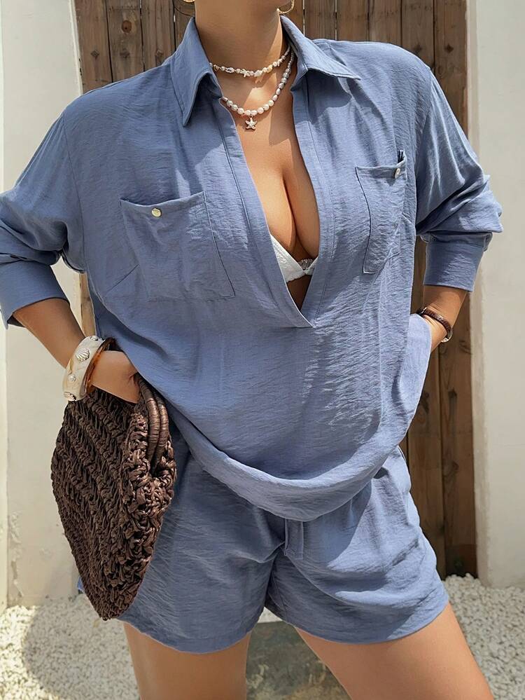 Dazy Plus Solid Color Casual Set, Loose Long Sleeve Shirt, Vacation Style Pullover Top, Loose Short Pants, Versatile Commuting Plus Size Women Spring/Summer 2-Piece Set
