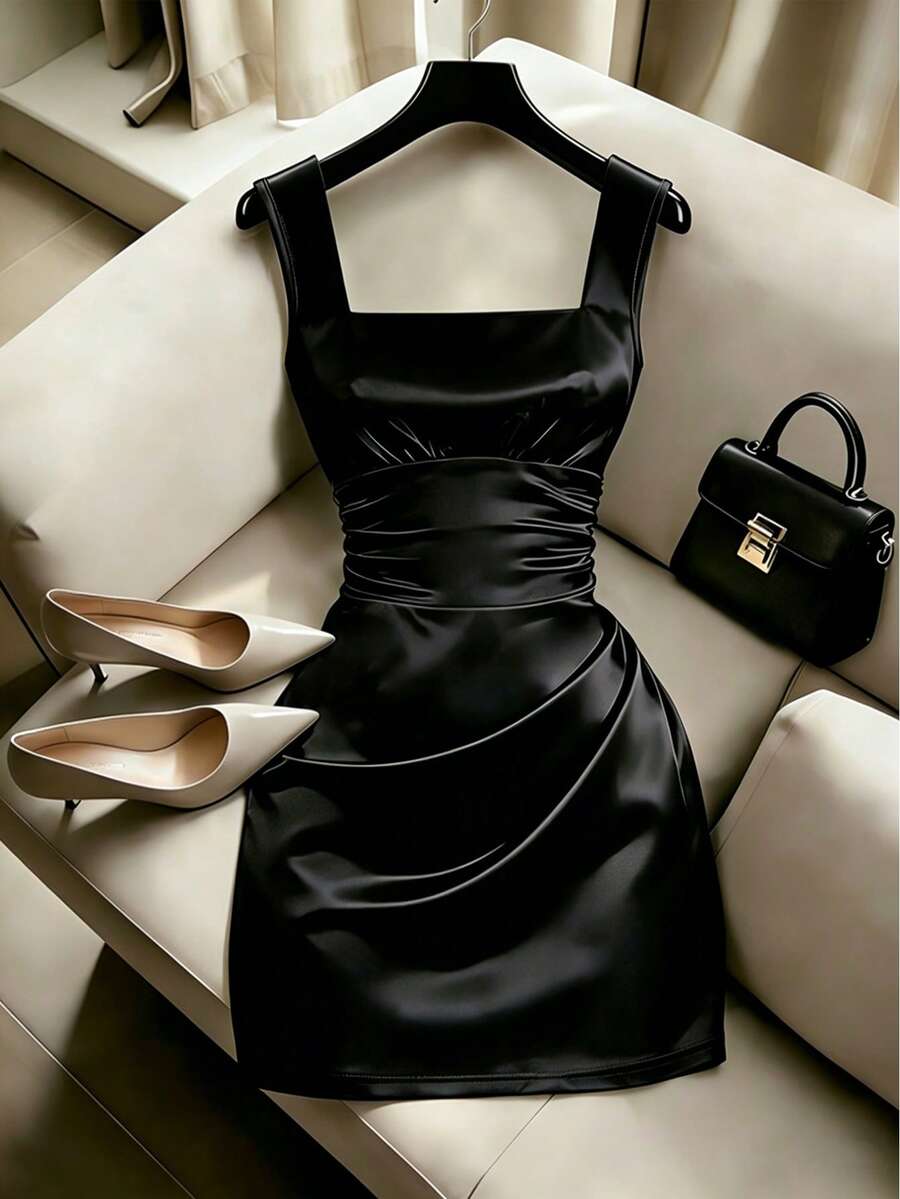 SHEIN Franclia Women Summer Elegant Black Satin Square Neck Suspender Pleated Dress,Autumn Night Out Party Dress,Wedding Guest Graduation Gown,Formal Office - Black - View 1