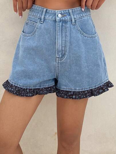 DAZY Women's Floral Patchwork Denim Shorts