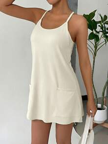 SHEIN EZwear 女士纯色双口袋休闲吊带连衣裙 - 黃色 - 查看 4