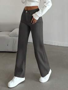 EURMUSE Jeans rectos de cintura alta de unicolor 100% algodón para mujer - Gris Oscuro - Ver 4