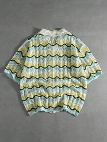 ROMWE MEN Men's Summer Wave Pattern Hollow Knit Cardigan, Short Sleeve Contrast Color Collar Casual Vacation Lightweight Top - Multicolor - View 2