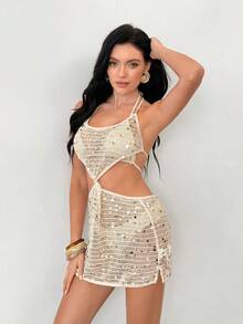 SHEIN Hollow Out Sequin Crochet Dress Women Sexy Halter Twist Backless Beach Cover Up Mini Dress - Apricot - View 4