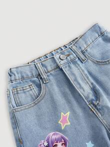 SHEIN 青少年女孩時尚休閒 Y2K 復古酷街頭簡約基礎可愛女孩卡通圖案藍色寬鬆牛仔褲，適合日常穿著、春夏季 Rave 音樂節與街頭穿搭 - 中等水洗藍 - 查看 5