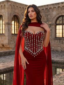 Aureia Plus-Size Burgundy Elegant Fishtail Sleeveless Mermaid-Style Dress With Rhinestone Embellishments, Made Of Stretch Fabric, Comes With A Shawl. Suitable For Weddings, Parties, Celebrations, Formal Occasions, Formal Weddings, And Formal Wear (Exquisite Design). Burgundy Winter Wedding Dress - Burgundy - View 1