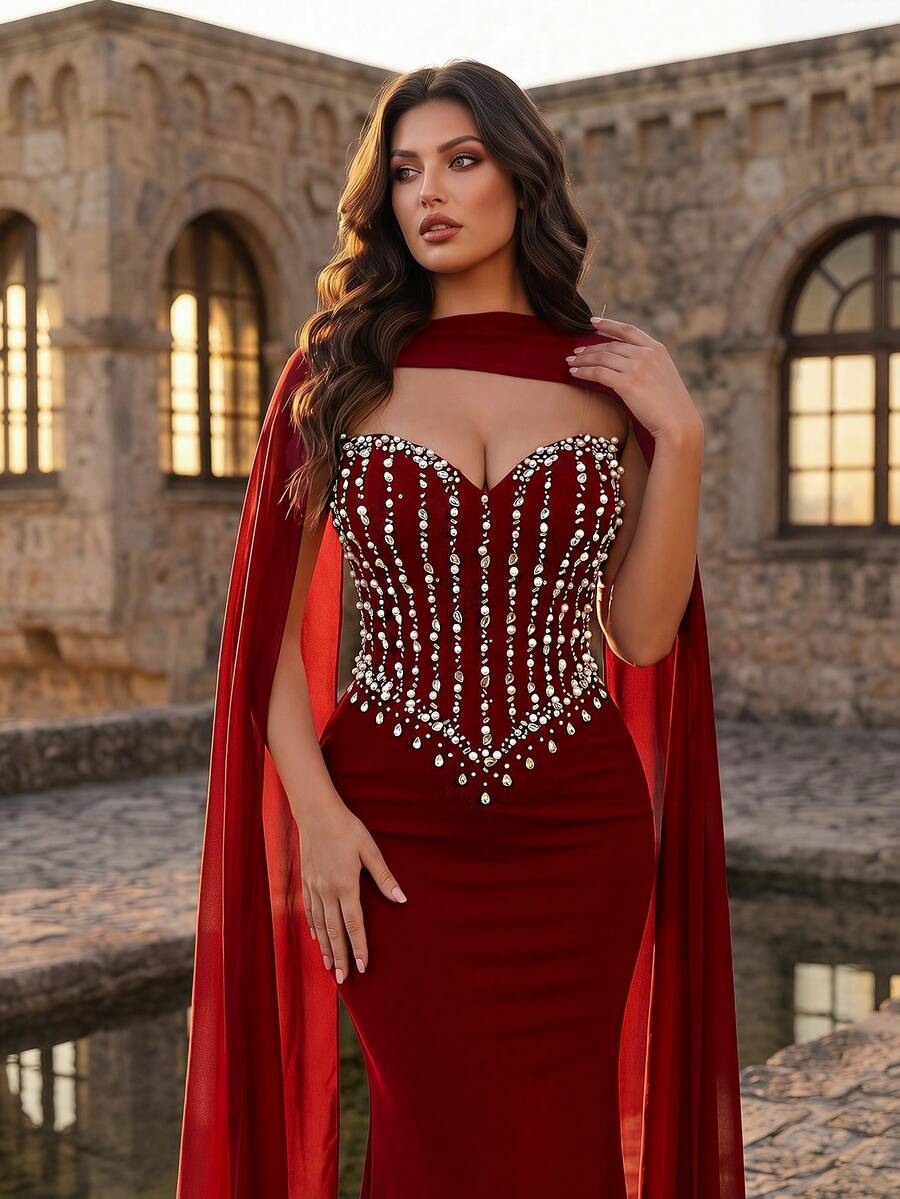 Aureia Plus-Size Burgundy Elegant Fishtail Sleeveless Mermaid-Style Dress With Rhinestone Embellishments, Made Of Stretch Fabric, Comes With A Shawl. Suitable For Weddings, Parties, Celebrations, Formal Occasions, Formal Weddings, And Formal Wear (Exquisite Design). Burgundy Winter Wedding Dress - Burgundy - View 1