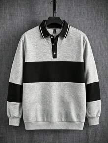 Manfinity Homme 男士纽扣长袖条纹套头衫，四分之一拉链，外出休闲拼色运动衫，适合朋友、丈夫、男朋友的礼物，适合秋季 - 灰色 - 查看 5