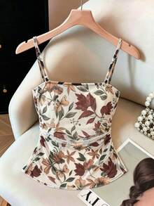 Franclia Women's Casual Floral Print Pleated Camisole For Vacation - Beige - View 2