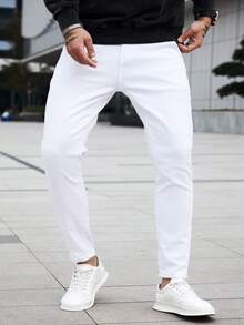 Manfinity Homme 男士修身款牛仔褲，長款洗水淺色裝飾，純白色貨物工作商務休閒美式婚紗 - 白色 - 查看 7