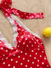 Soleia Women's Red And White Polka Dot Summer Cute Vacation V-Neck Lace Patchwork Fitted Mini Dress, Date Valentine's Day,Beach,Cruise,Boho Sexy Party - Red and White - View 3