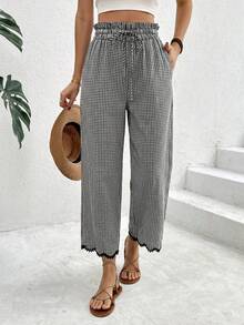 SHEIN Frenchy Women's Summer Boho Black And White Plaid Lace Trim Pants,Vacation Holiday Ruffle Drawstring Waist Pocket Cropped Long Tapered Pants,Beach - Black and White - View 3