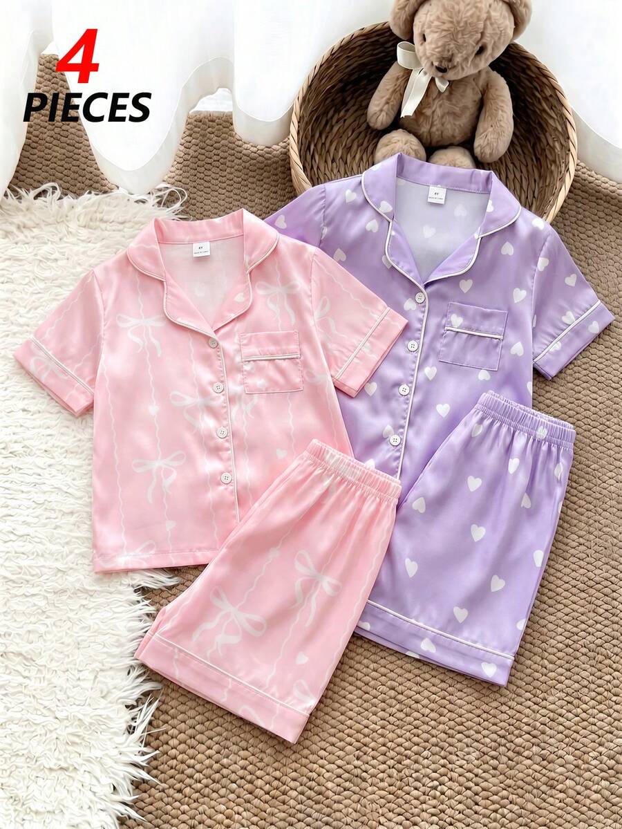 SHEIN Playful Pals 4件組女童幼童時尚夏季睡衣,翻領設計配短袖,甜美紫色與粉色心形及蝴蝶結印花。光滑緞面質感面料睡衣含配套短褲,適合休閒居家穿著,打造優雅家居服與女嬰服飾,是任何小女孩衣櫥的完美選擇。 - 彩色 - 查看 1