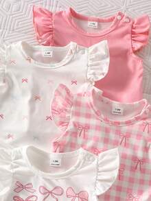 SHEIN 4件組新生女嬰夏季服裝套裝 白色粉色蝴蝶結印花無袖荷葉邊上衣與配套短褲 可愛柔軟面料家庭套裝 - 彩色 - 查看 3