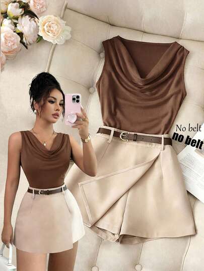 Franclia 1 conjunto de top sin mangas de cuello en V ajustado de color marrón con falda pantalón de oficina de color albaricoque para mujer