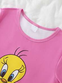 LOONEY TUNES X SHEIN GraphicGems 2pcs Tween Girl Summer Casual Cute Sleepwear Set, Pink And Yellow Duck Print Top Shorts, Knit Stretchy Fabric, Comfortable Loungewear Snug Fit Family - Multicolor - View 7
