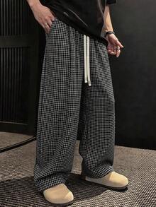 Manfinity Roghcode Men's Drawstring Waist Plaid Casual Versatile Daily Wear Pants - Black - View 3