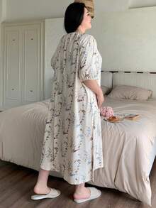 Dazy Plus Plus Size Women's Floral Print Ruched Tie Neck Lantern Sleeve Long Loose Nightgown, Spring/Summer Pajamas - Beige - View 5