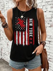 SHEIN LUNE Áo tank top đen in hình cờ và ngựa, chất liệu 95% cotton, đa năng. - màu đen - Xem 4