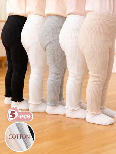 5 piezas Pantalones ajustados con cintura elástica, volantes en el bajo y textura acanalada, multicolor, versátiles y sencillos para niñas. Cómodos para uso diario, actividades escolares, juegos al aire libre, reuniones familiares, sesiones de fotos, verano