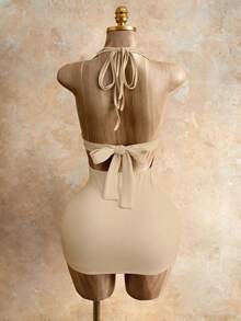 Mistrie Women's Sexy Solid Color Backless Halter Mini Dress, Summer - Apricot - View 2