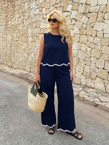 Dripcurv Bộ đồ hai mảnh mùa hè dành cho nữ cỡ lớn, gồm áo tank top đen và quần dài màu xanh navy với viền ren trắng, áo đen, trang phục đi nghỉ hè, trang phục thường ngày cho nữ. - Màu xanh hải quân - Xem 4