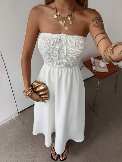DAZY Vestido blanco sin tirantes con aplicaciones de encaje, estilo casual y de vacaciones para primavera y verano para mujeres