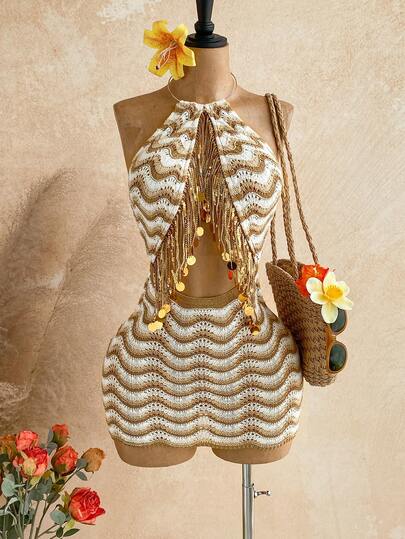 Soleia Women's Vacation Wave Striped Sequin Tassel Hollow Out Design Halter Knit Dress