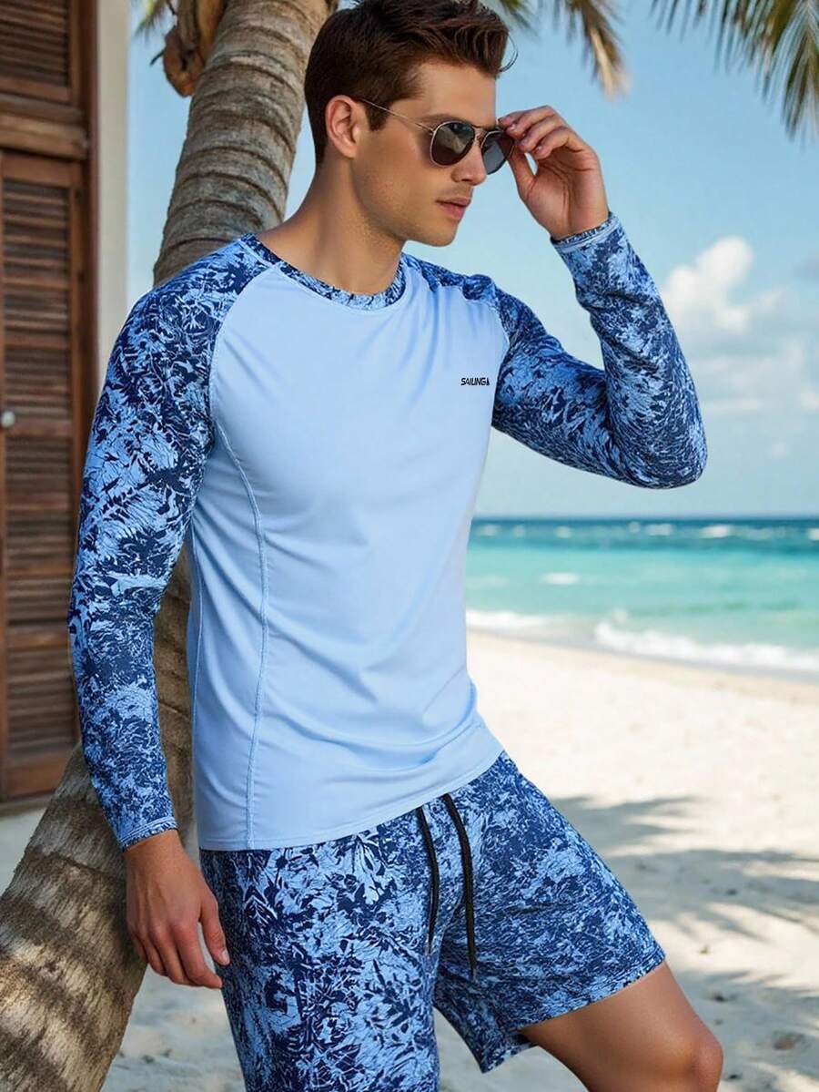 ZELFYO Conjunto de camiseta de natación de manga larga con cuello redondo y estampado botánico y bañador para hombre, vacaciones - Celeste - Ver 1