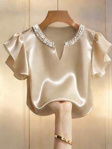 Camisa de satén color champán con cuello de perlas y mangas sueltas para mujer, blusa de satén corta con decoración de perlas elegante francesa, top de satén de manga corta con cuello de perlas elegante y delicado - Caqui - Ver 2
