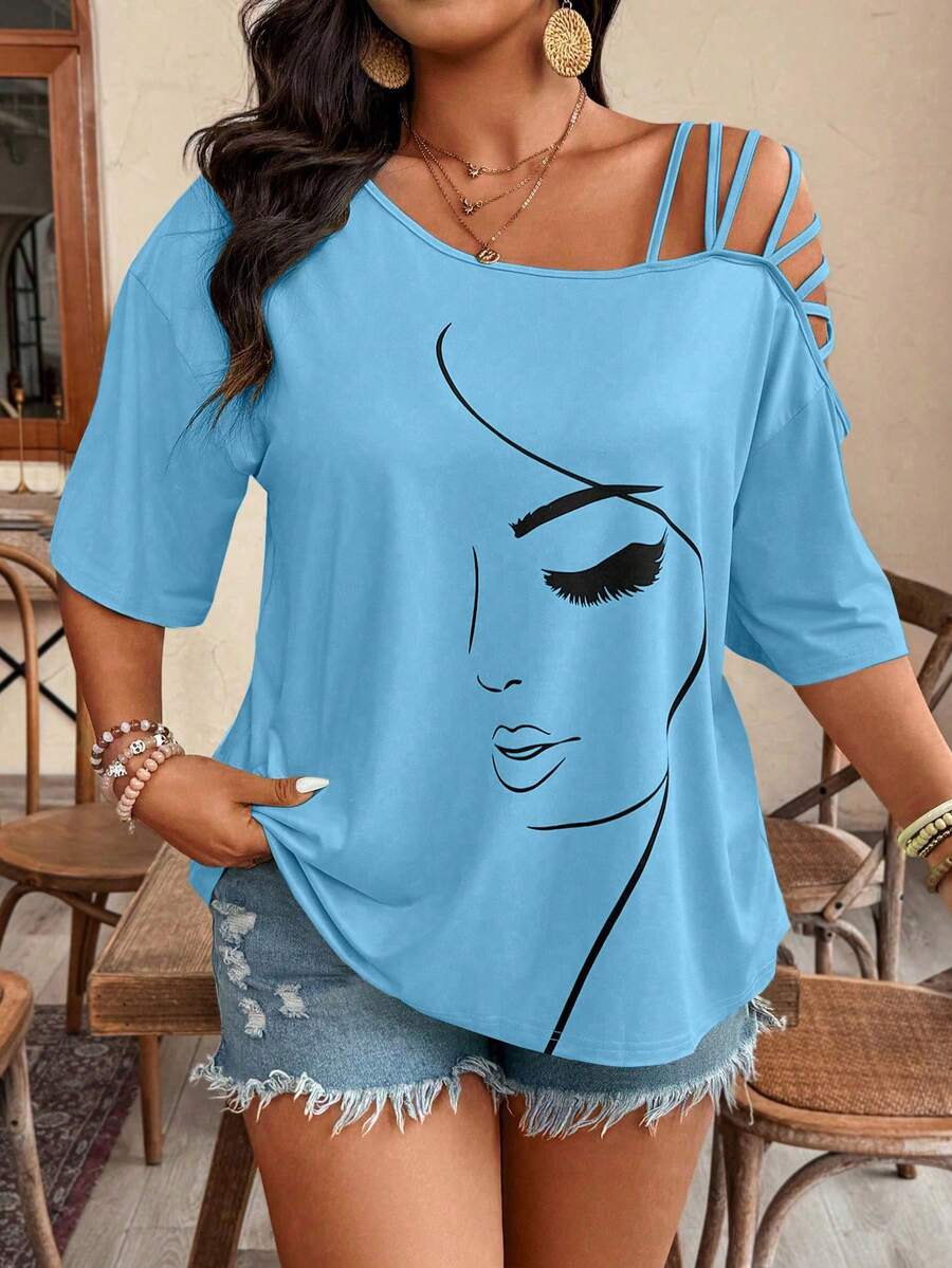 Weeklong Plus Size Asymmetric Strap Portrait Print Short Sleeve T-Shirt - Mint Blue - View 1