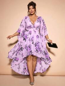 Cravure Damen Große Größen Fließendes Chiffon Top mit Blumenmuster, 3/4 Ärmel, halbtransparent, mit schwarzem figurbetontem Bodycon Minirock, echtes 2-teiliges Set - Violett - Übersicht 6