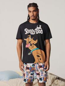 SCOOBY-DOO X SHEIN 男士舒适字母印花圆领短袖T恤和休闲短裤睡衣套装 - 黑色 - 查看 5
