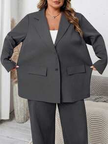 SHEIN CURVE+ Blazer de negocios casuales de unicolor talla grande - Gris Oscuro - Ver 10