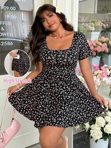 Mono de verano con cuello cuadrado, cintura ceñida y estampado floral diminuto para mujer talla - Gris Oscuro - Ver 8