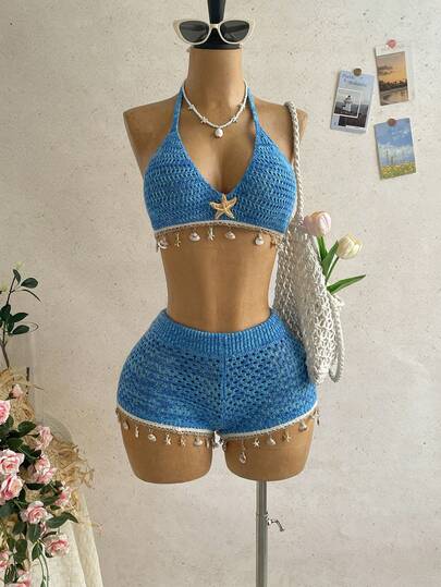 Soleia Women's Vacation Metal Starfish Decor Knit Top And Knit Shorts 2 Pieces Set