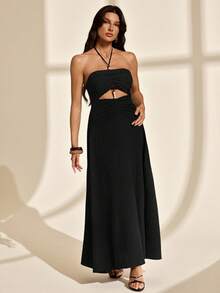 SHEIN Tall Women's Solid Color Backless Beaded Crochet Dress, Perfect For Vacation,Bohemian Clothes - Black - View 4