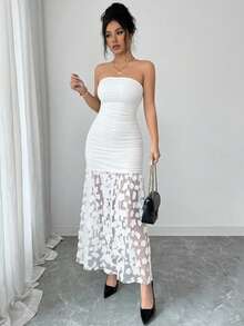 SHEIN Franclia Đầm dạ hội sang trọng, thanh lịch, phối ren hoa tương phản, eo thắt gọn, màu trơn, kiểu dáng gợi cảm dành cho phụ nữ. - trắng - Xem 7
