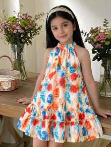 SHEIN Đầm dự tiệc thường ngày in hoa cho bé gái, cổ bèo nhún. - Nhiều màu - Xem 2