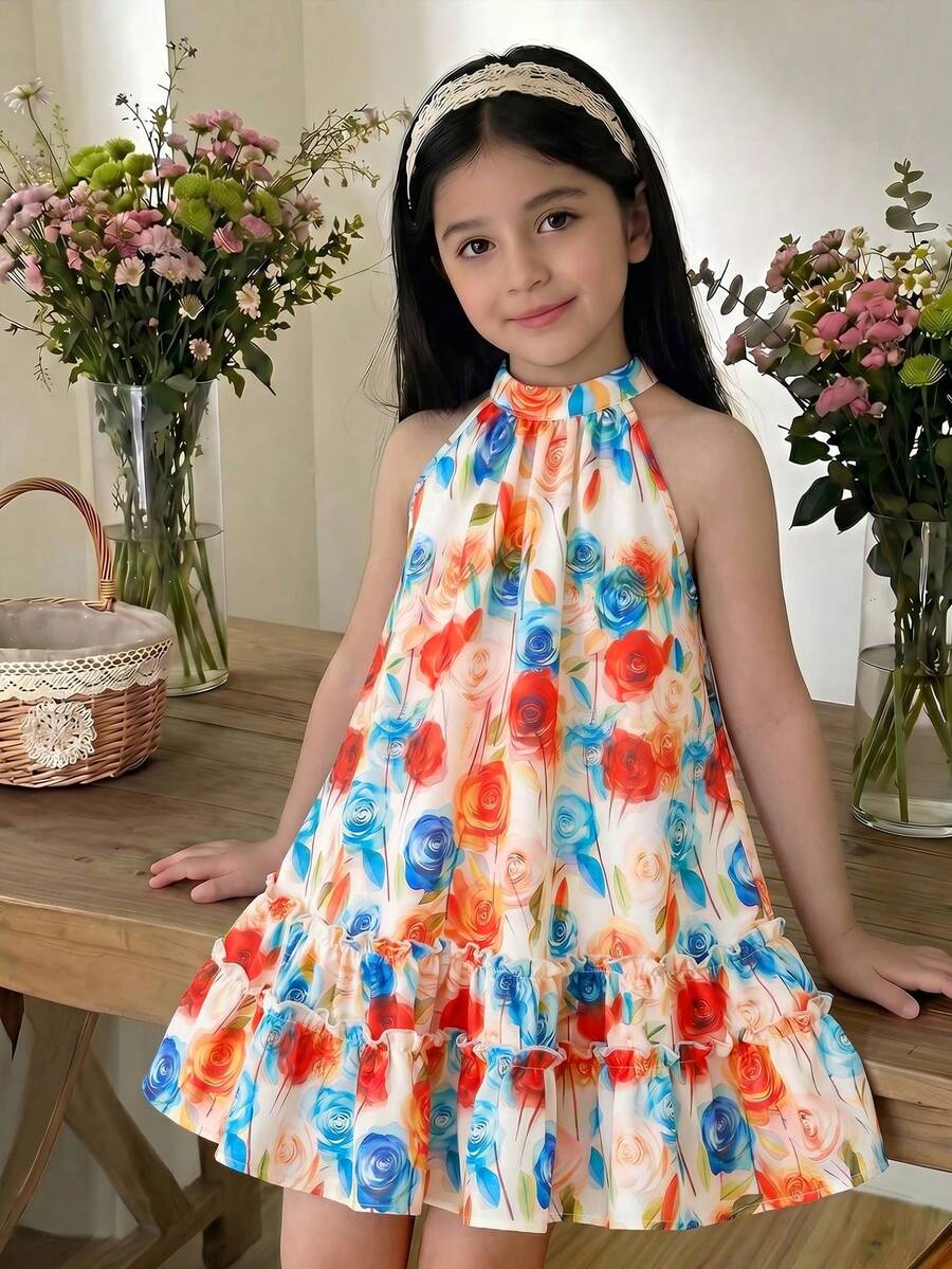 SHEIN Đầm dự tiệc thường ngày in hoa cho bé gái, cổ bèo nhún. - Nhiều màu - Xem 1