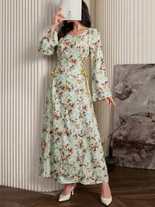 Al Najma Đầm dài tay buộc dây in hoa toàn thân kiểu Ả Rập, kiểu dáng maxi Kaftan Jalabiya dáng chữ A thanh lịch, thích hợp cho tiệc tối/đám cưới/kỷ niệm. - Màu vàng - Xem 6