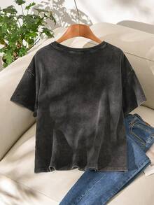 Story & Sage Women's Casual Retro Vintage Vacation Washed Snow Floral T-Shirt, Loose Fit Short Sleeve Dark Grey T-Shirt With Heart Design, Spring/Summer Everyday - Black - View 3